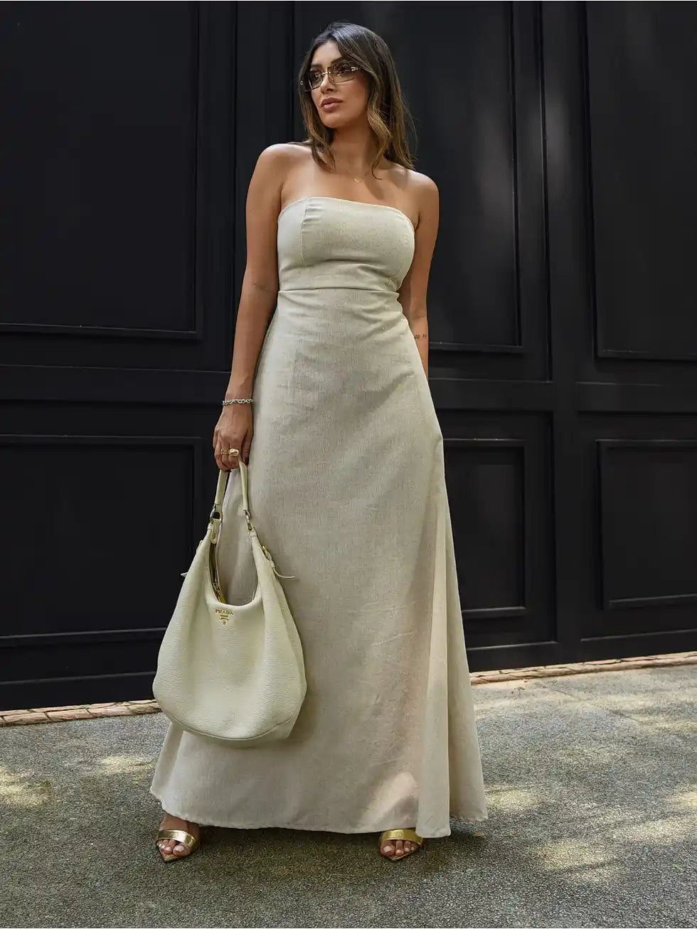 Vestido Longo Linho Sem Alças Elegante